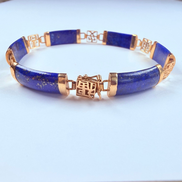 14K Solid Yellow Gold Vintage Chinese Character Rich Lapis Lazuli Panel Bracelet - Picture 2 of 14
